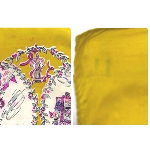 Vintage 1950s Silk Folk Song Scarf – 9 Scenes, Hand Rolled Yellow Hot Pink Print - Picture 6 of 6